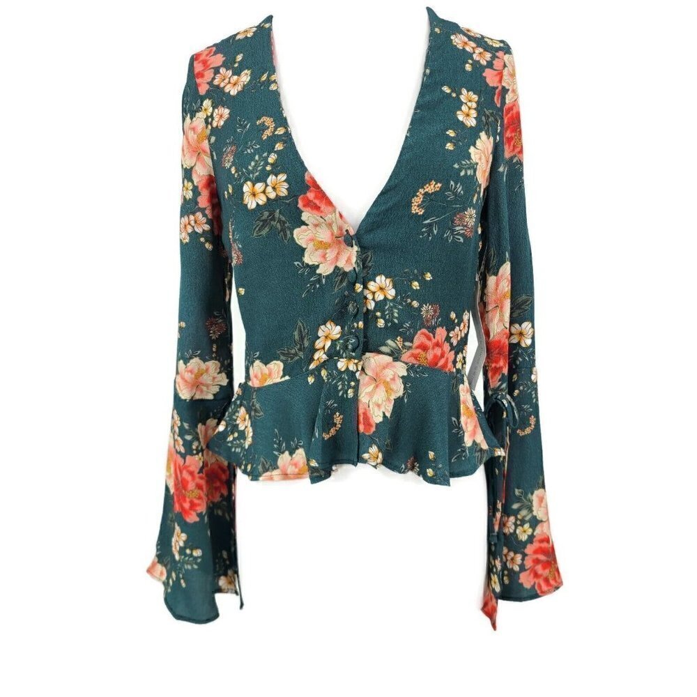 New Flynn Skye Abstract Emerald Blouse XS Long Bell Sleeve Floral Rayon Top